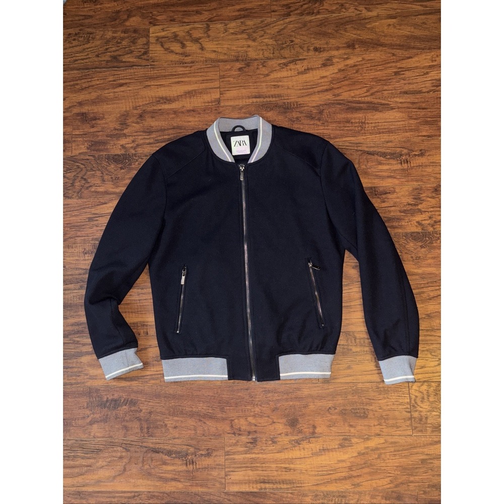 Men Zara Bomber Lined Jacket Blue Lined Medium